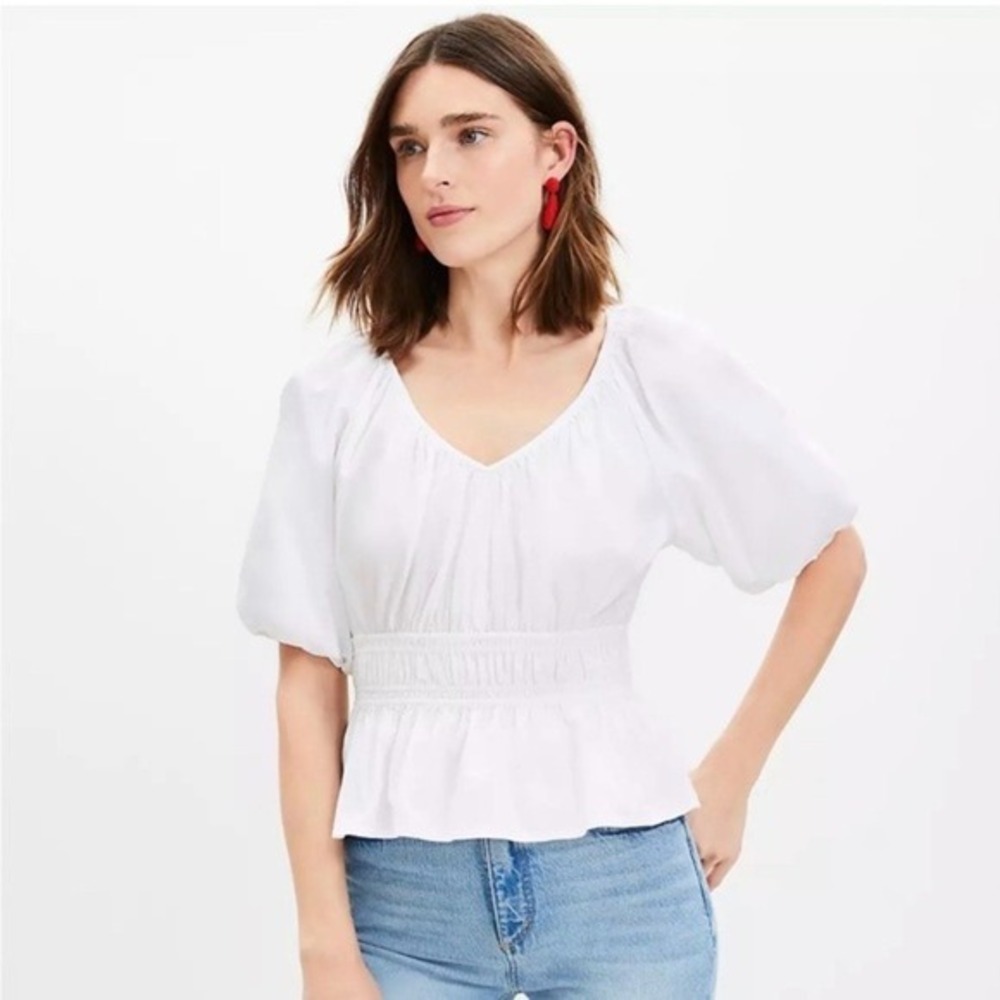 LOFT White Puff Sleeve Smocked Peplum Top S Boho Coquette Cottagecore Milkmaid - Picture 5 of 9
